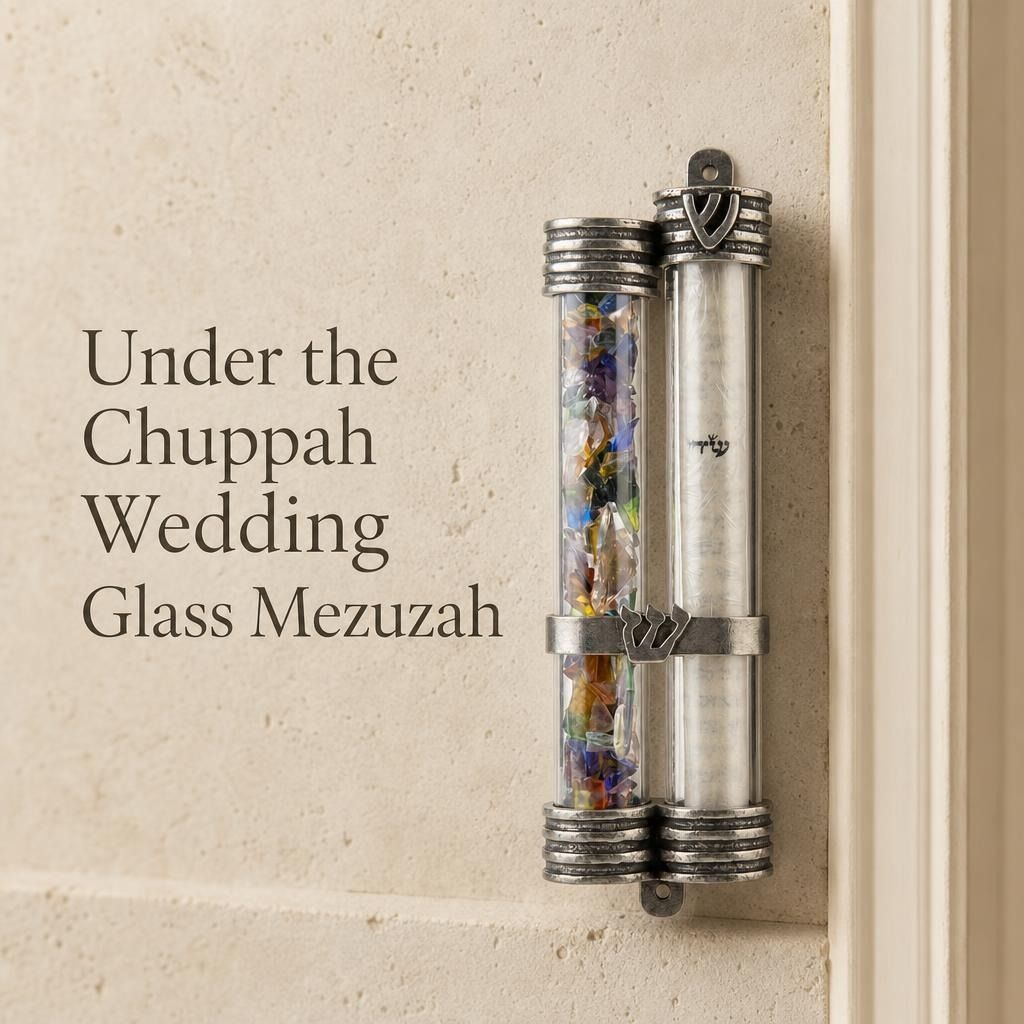 Wedding glass mezuzah with dual-tube design for broken glass and scroll display, mounted on doorway with silver-toned frame.