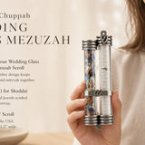 Wedding glass mezuzah with dual-tube design displaying broken glass and kosher scroll in a sculptural pewter frame, perfect for Jewish home doorways.
