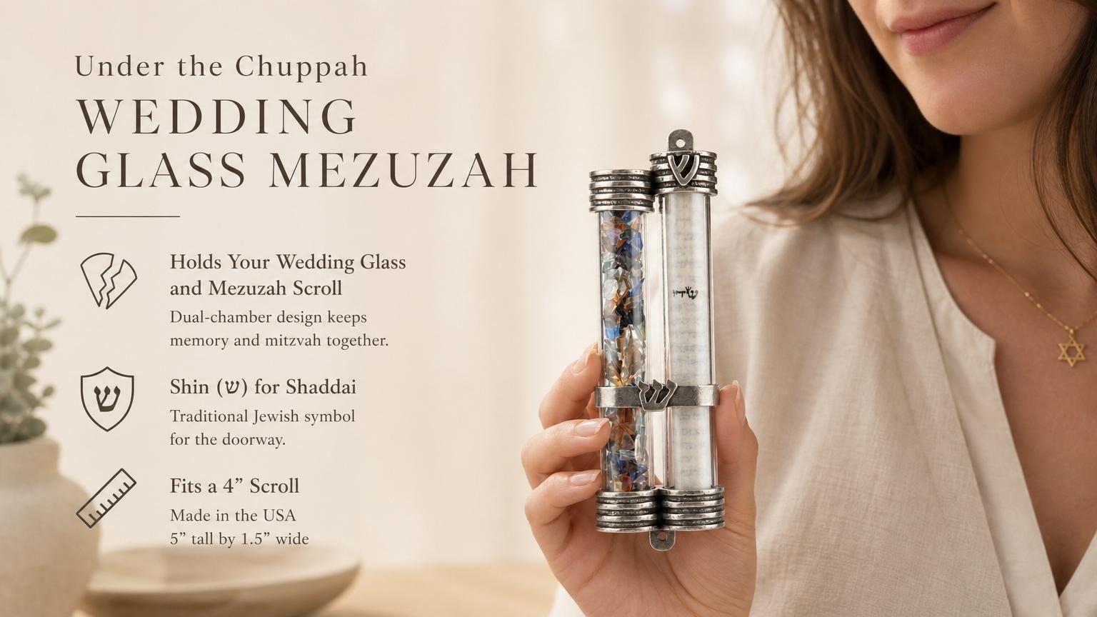 Wedding glass mezuzah with dual-tube design displaying broken glass and kosher scroll in a sculptural pewter frame, perfect for Jewish home doorways.