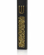 Matte black cement mezuzah case with dense golden crystal and glass inlay and a raised gold Shin