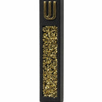 Matte black cement mezuzah case with dense golden crystal and glass inlay and a raised gold Shin