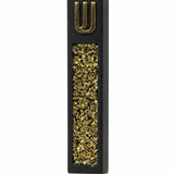 Matte black cement mezuzah case with dense golden crystal and glass inlay and a raised gold Shin