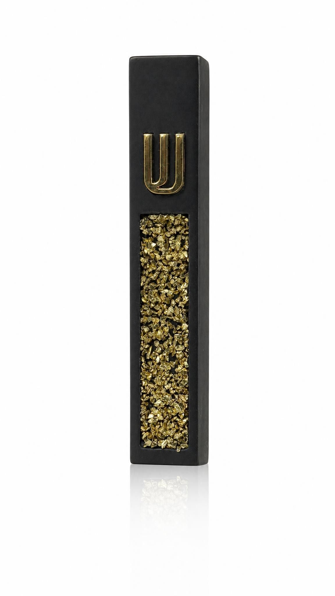 Matte black cement mezuzah case with dense golden crystal and glass inlay and a raised gold Shin