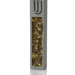 Gray cement mezuzah case with golden amber crystal and glass inlay reflecting champagne, honey, bronze, and a raised silver Shin