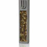 Gray cement mezuzah case with golden amber crystal and glass inlay reflecting champagne, honey, bronze, and a raised silver Shin