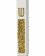White cement mezuzah case with golden crystal and glass inlay, champagne reflections, and a raised gold Shin