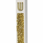 White cement mezuzah case with golden crystal and glass inlay, champagne reflections, and a raised gold Shin