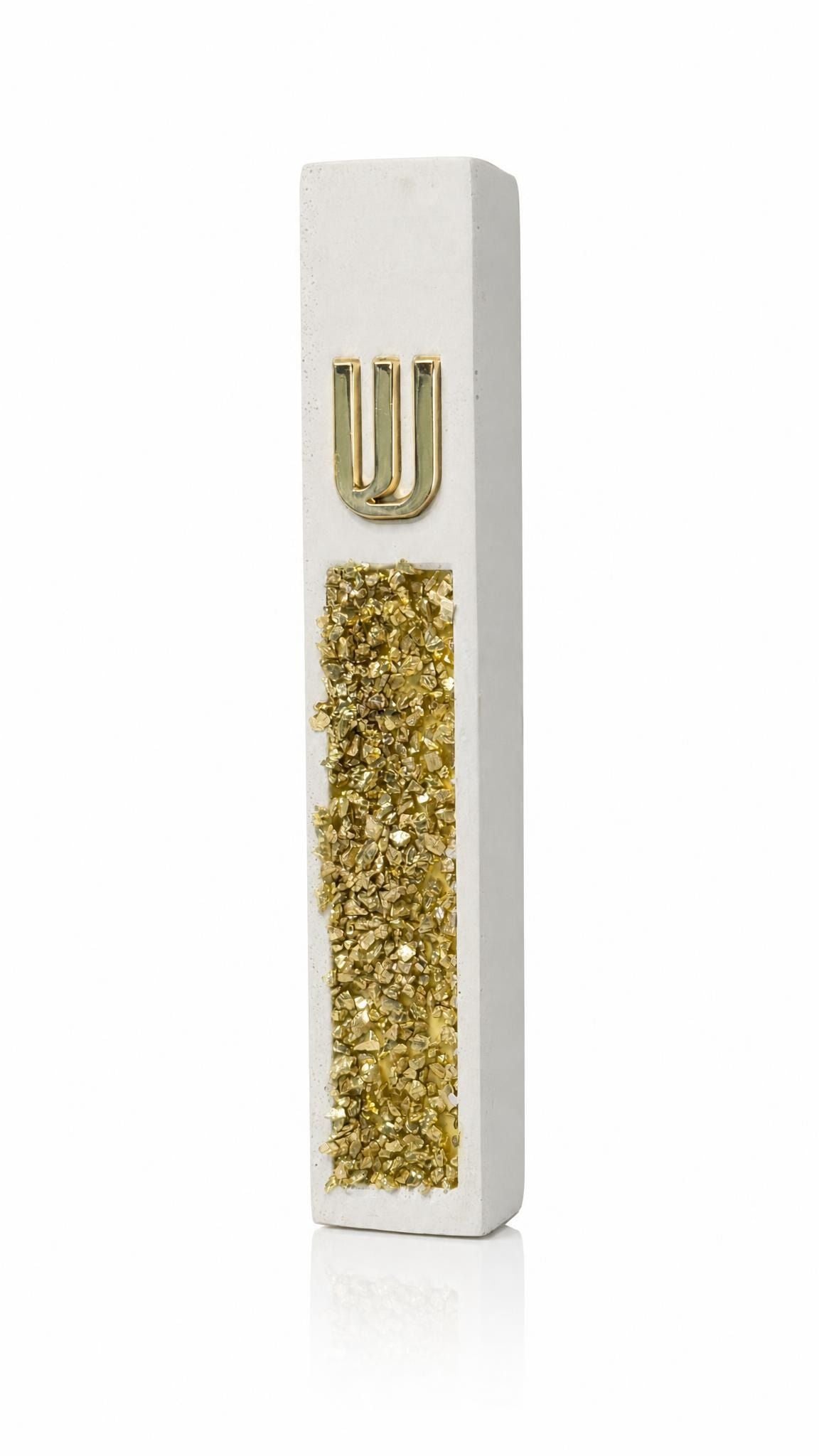White cement mezuzah case with golden crystal and glass inlay, champagne reflections, and a raised gold Shin