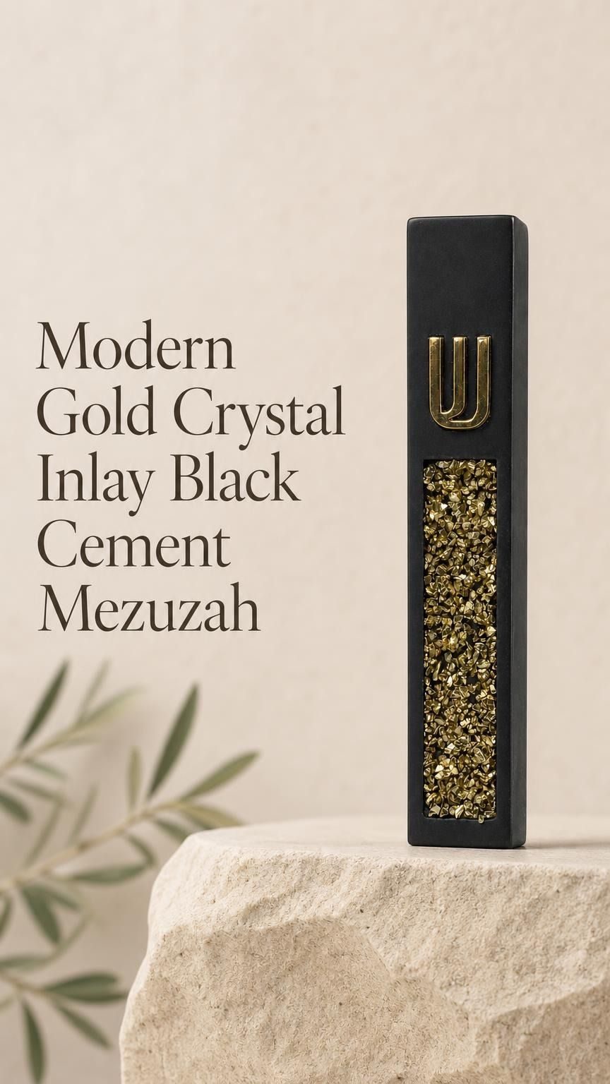 Close view of a unique modern black cement mezuzah case featuring a raised gold Shin above a long inset panel filled with reflective golden crystal and glass pieces, styled against a simple neutral background for a bold contemporary Judaica look