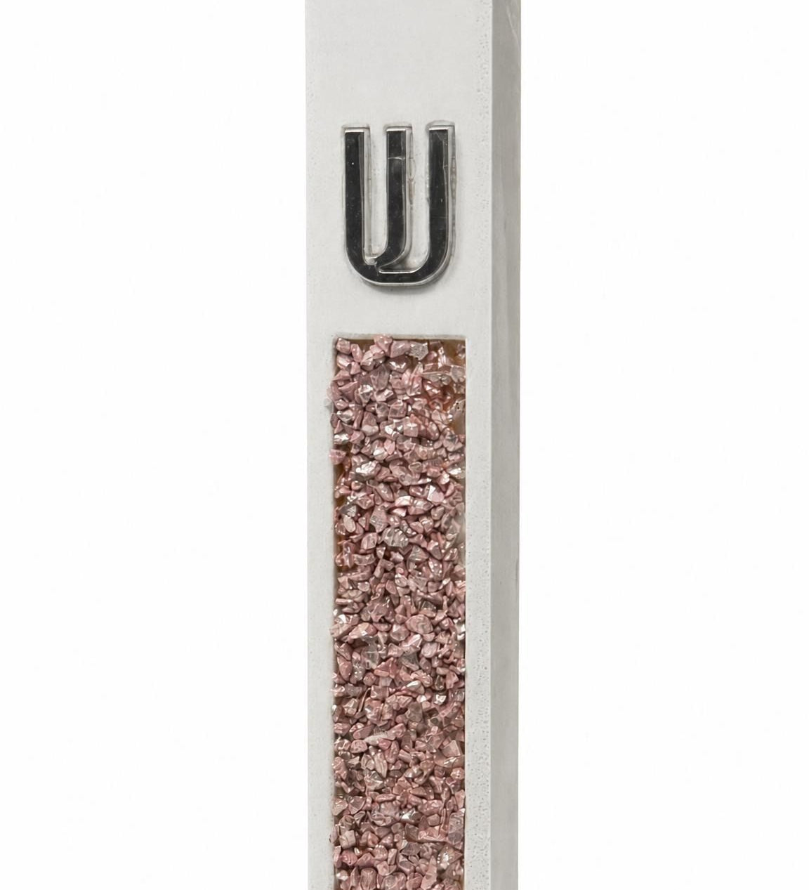 White cement mezuzah case with pink and rose crystal and glass inlay, translucent highlights, and a raised silver Shin