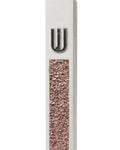 White cement mezuzah case with pink and rose crystal and glass inlay, translucent highlights, and a raised silver Shin