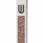White cement mezuzah case with pink and rose crystal and glass inlay, translucent highlights, and a raised silver Shin