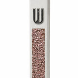 White cement mezuzah case with pink and rose crystal and glass inlay, translucent highlights, and a raised silver Shin