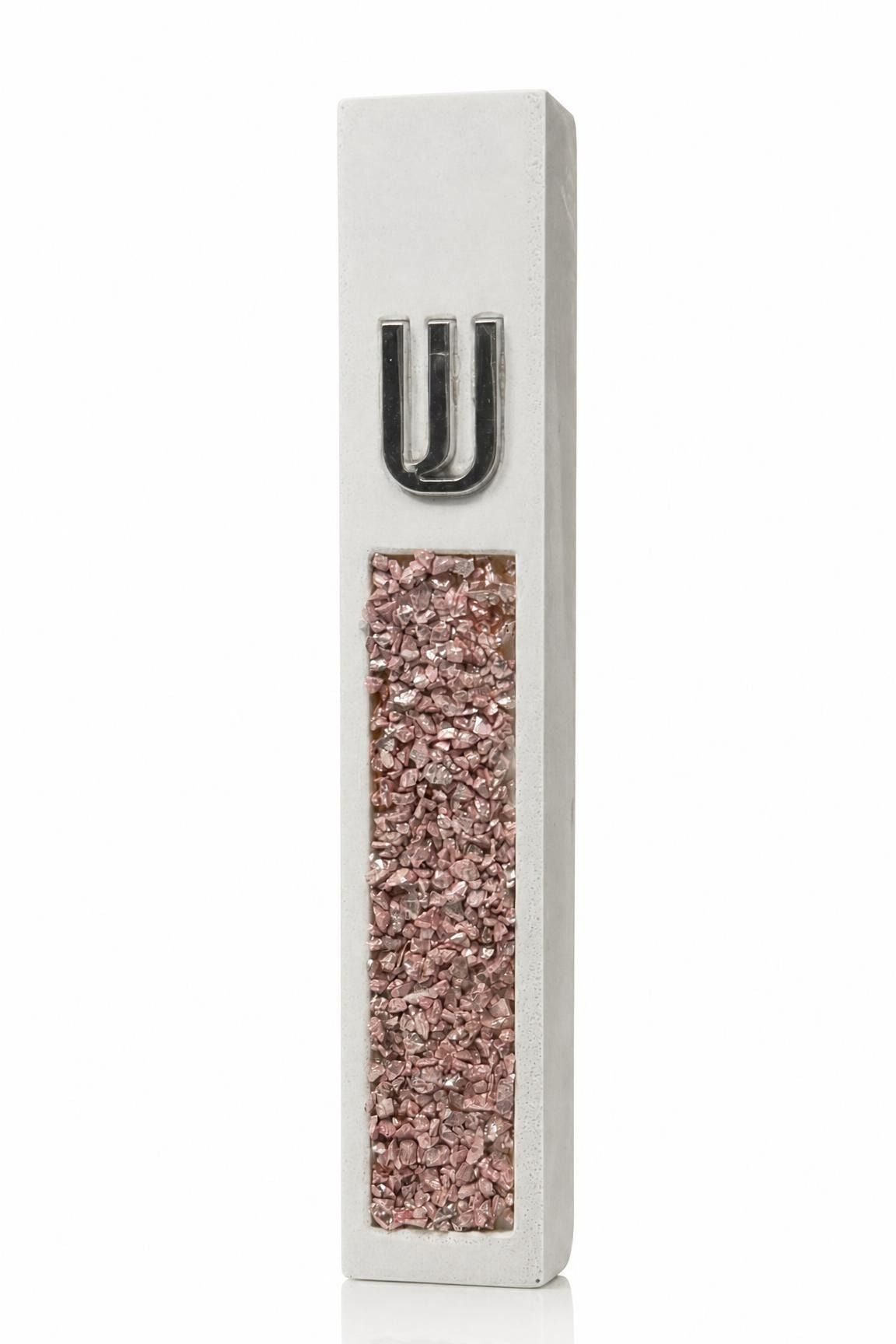 White cement mezuzah case with pink and rose crystal and glass inlay, translucent highlights, and a raised silver Shin