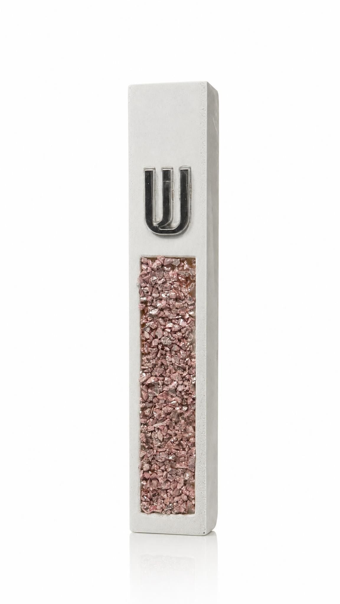 White cement mezuzah case with pink and rose crystal and glass inlay, translucent highlights, and a raised silver Shin