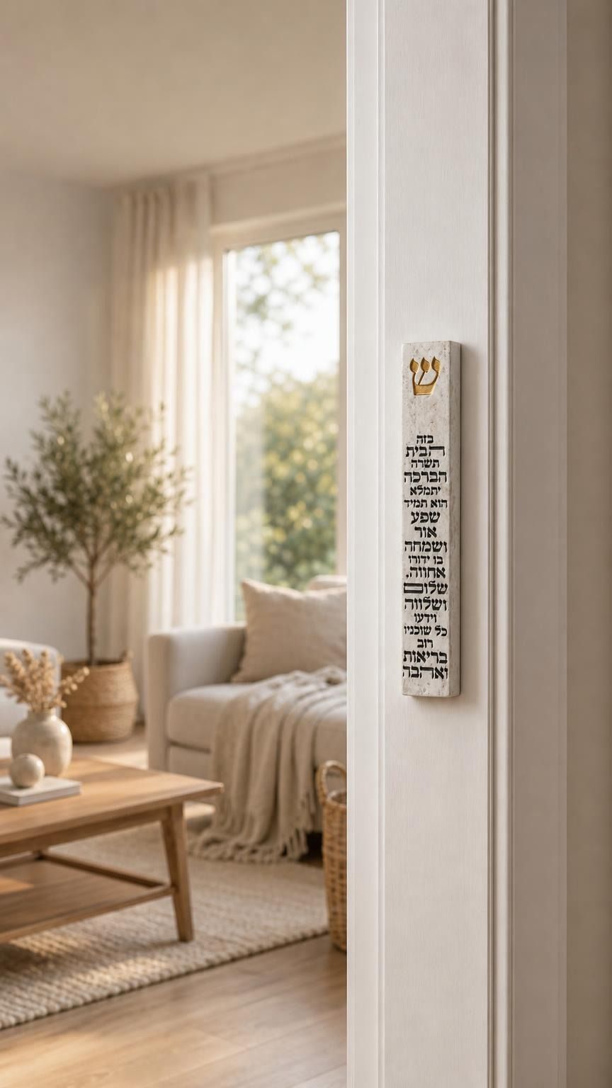 Close view of a unique white cement Birkat HaBayit mezuzah case with a raised gold Shin and complete Hebrew home-blessing inscription running vertically down the front, styled against a clean neutral interior background