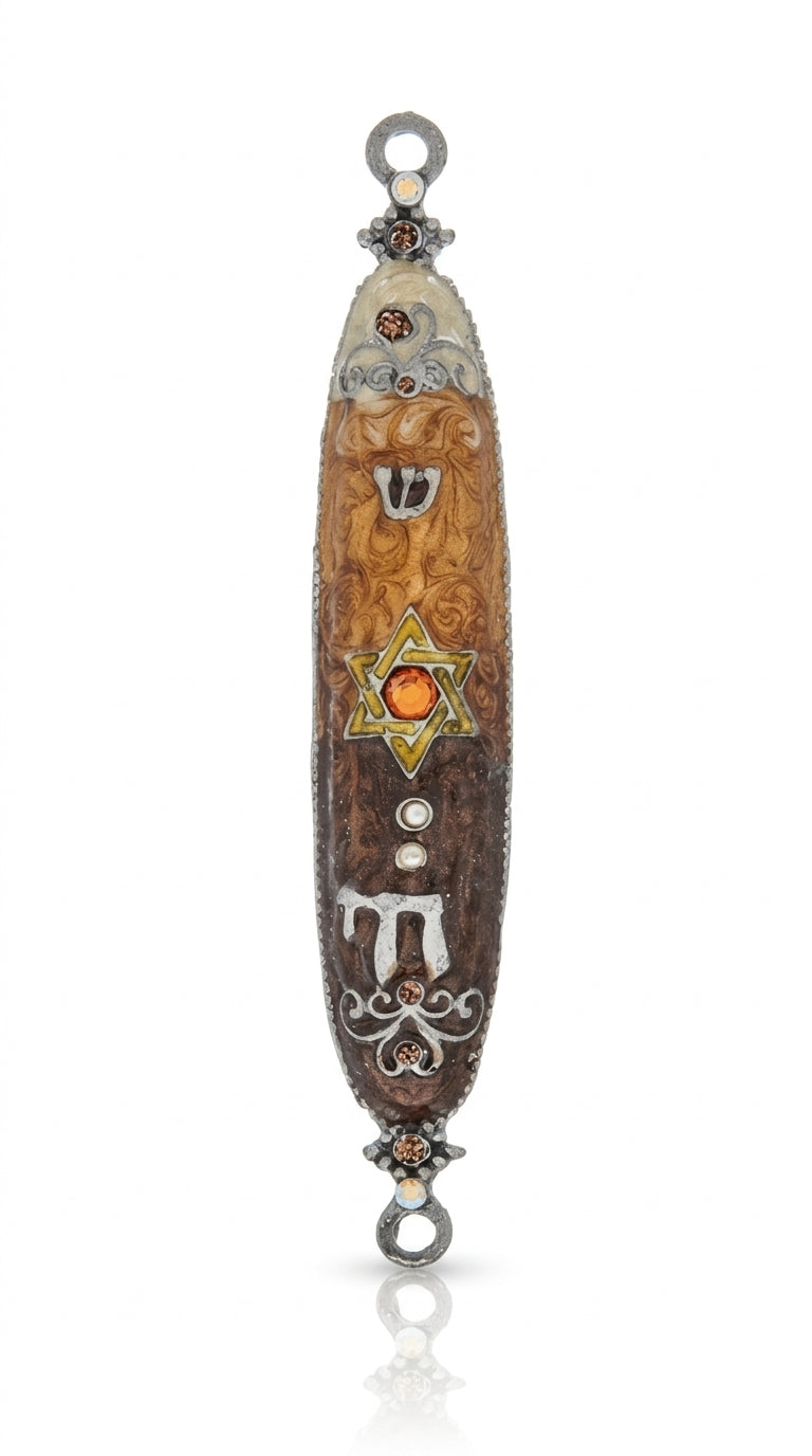 Detailed professional image of a handcrafted pewter Chai Mezuzah with enamel accents, measuring 4.5 inches tall, showcasing fine engravings and decorations on a clean white background with subtle reflection.