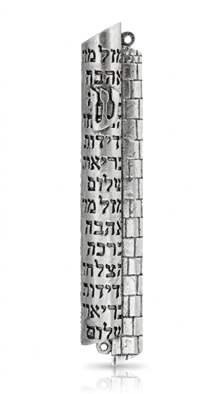 High-resolution image of an authentic pewter Mazal Mezuzah with Hebrew inscriptions, detailed craftsmanship, and a polished finish, on a white studio background with soft reflection.