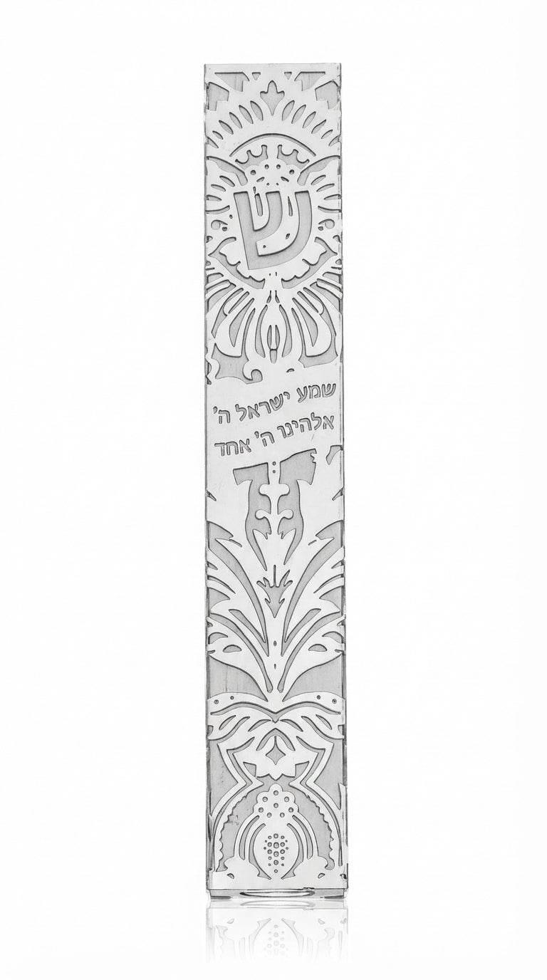 High-resolution image of a vibrant Mezuzah featuring the Shema prayer, with intricate details and decorative motifs on a crisp white background.