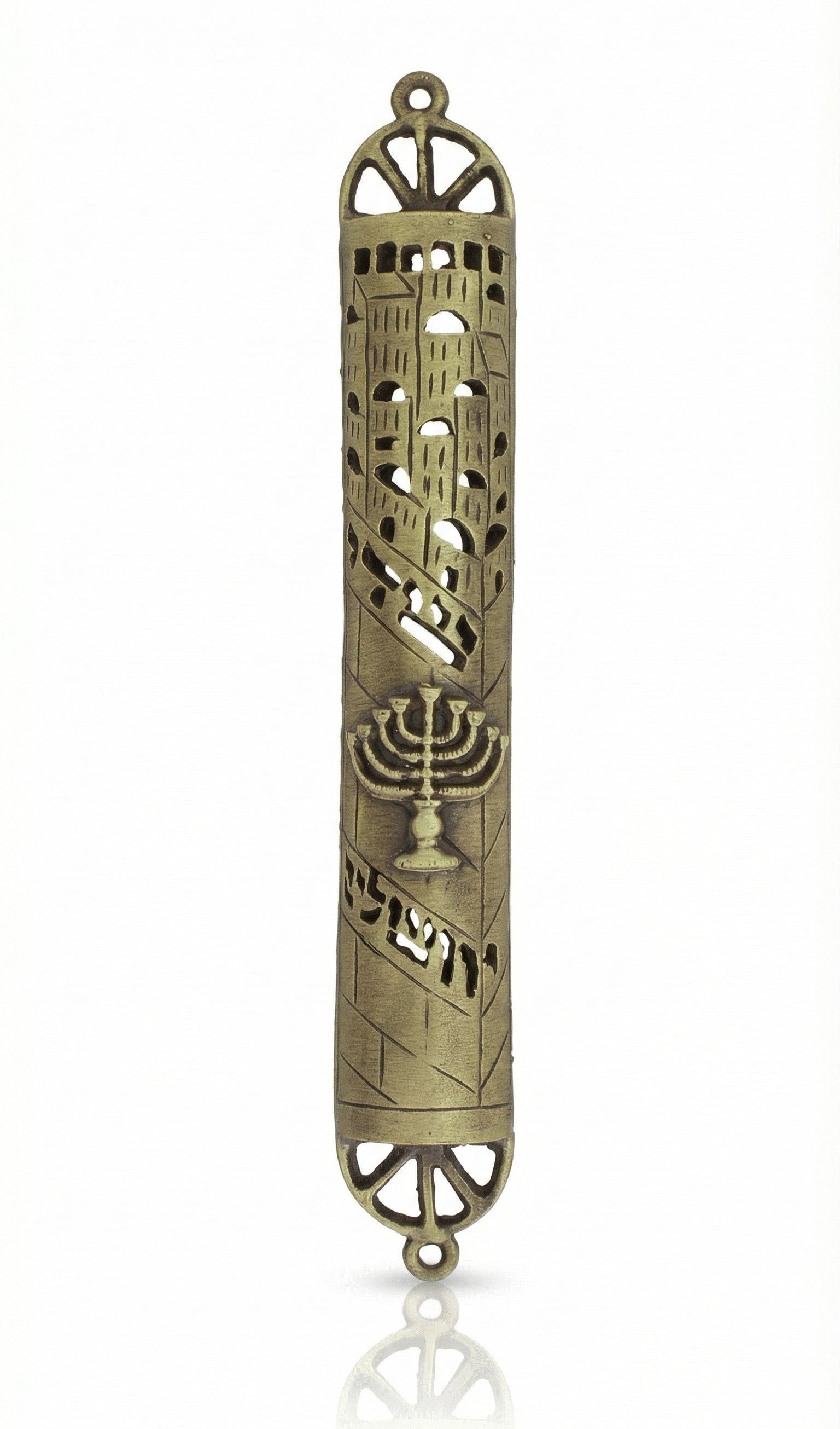 Brass Victory Mezuzah with menorah design, cutouts revealing scroll inside, Jerusalem inscription, on a white studio background with soft reflection.