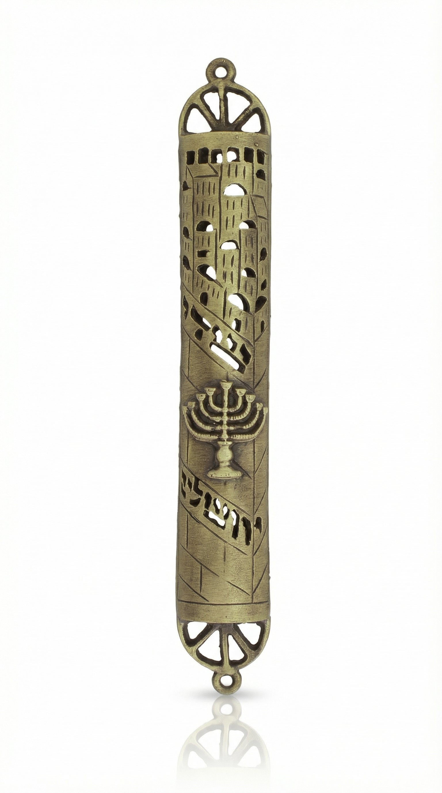 Brass Victory Mezuzah with menorah design, cutouts revealing scroll inside, Jerusalem inscription, on a white studio background with soft reflection.