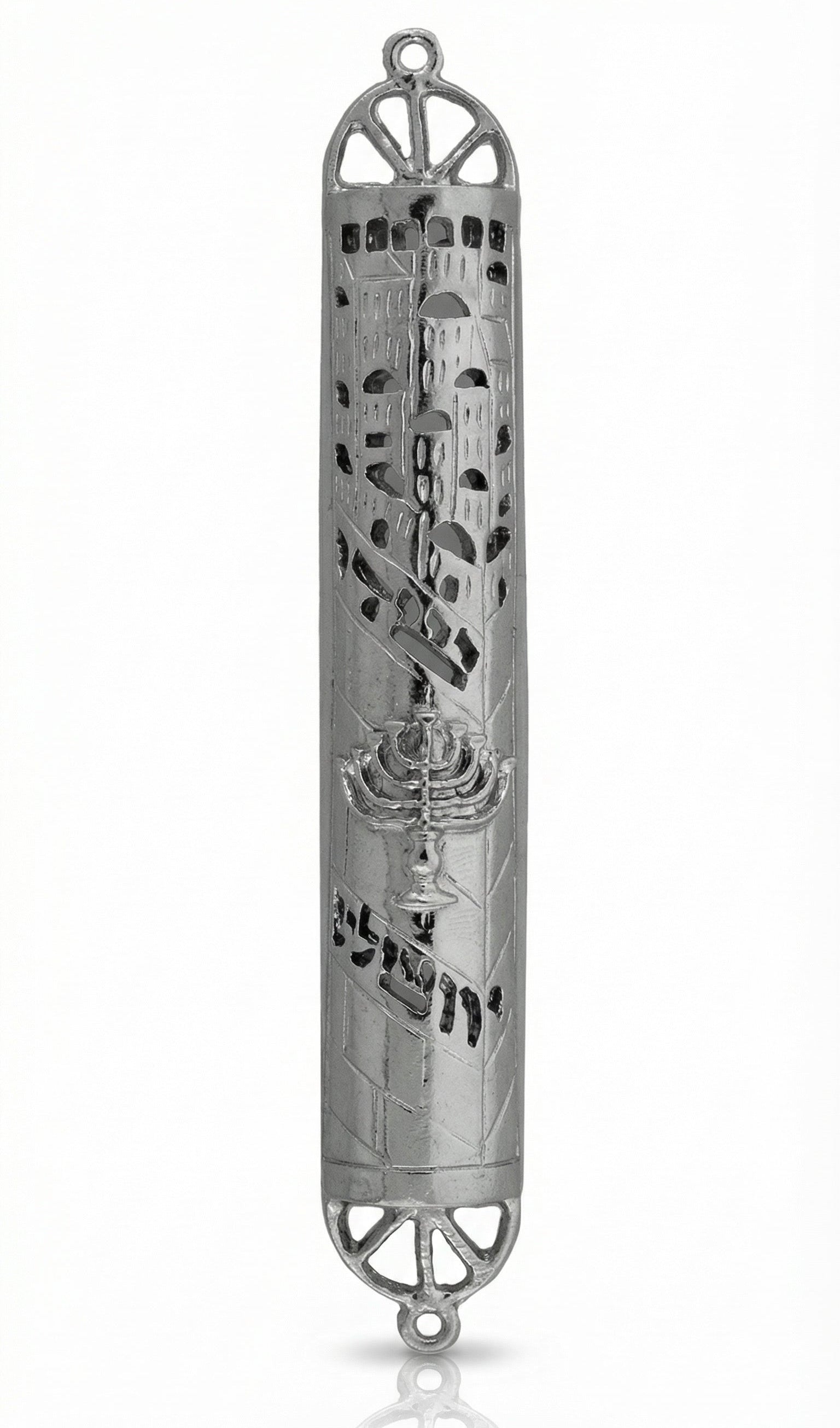 Pewter mezuzah with cutouts revealing scroll, menorah motif, and Jerusalem inscription, designed for religious home decor.