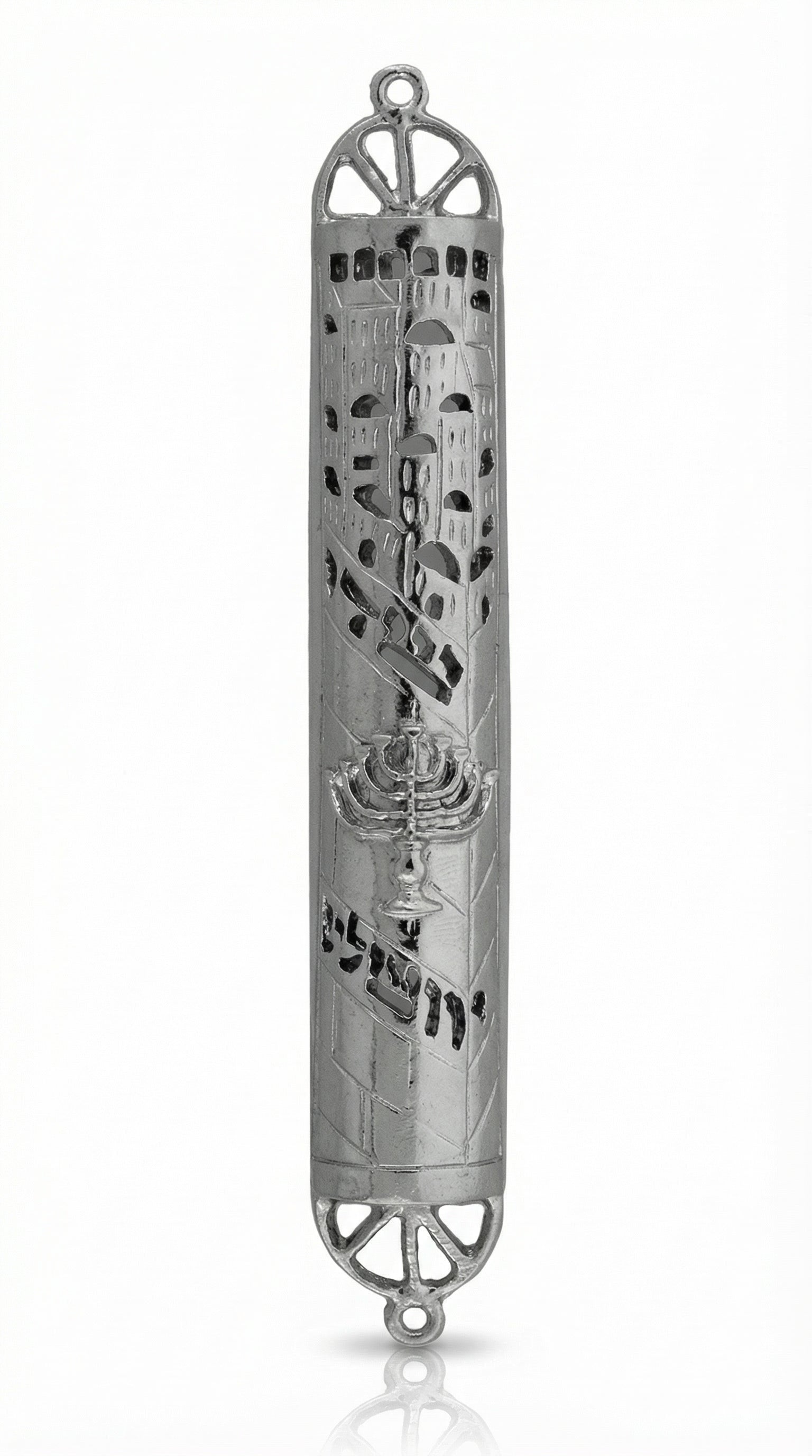 Pewter mezuzah with cutouts revealing scroll, menorah motif, and Jerusalem inscription, designed for religious home decor.
