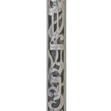 Elegant pewter mezuzah with Hebrew sha-dai and vine engravings, mounted on a white studio background with subtle reflection.