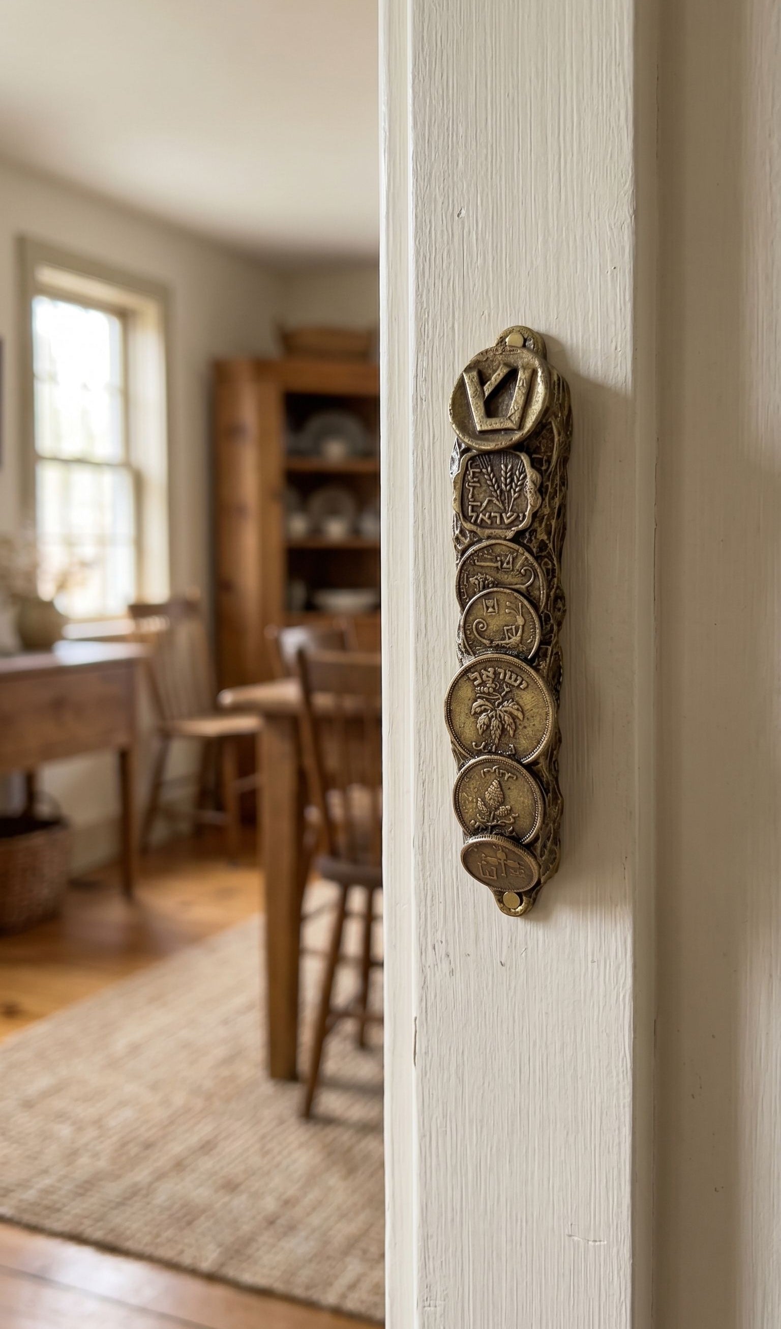 Lifestyle scene featuring the vintage coins of Israel brass mezuzah mounted on an interior doorway jamb showcasing traditional Judaica style.