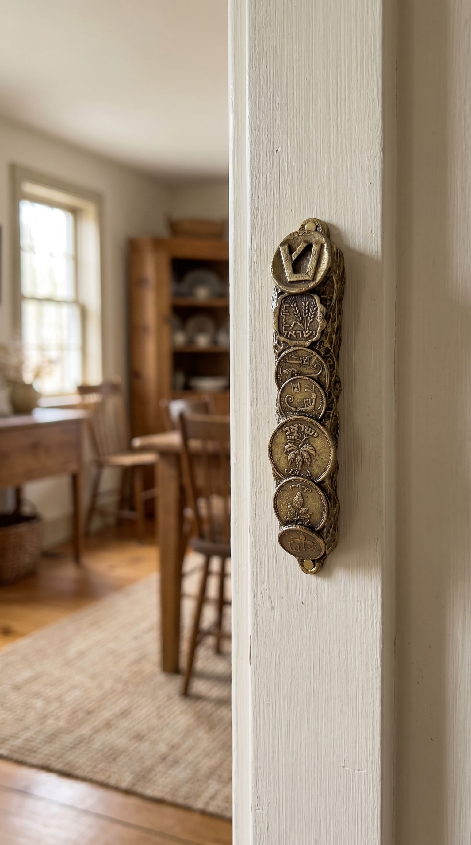 Lifestyle scene featuring the vintage coins of Israel brass mezuzah mounted on an interior doorway jamb showcasing traditional Judaica style.