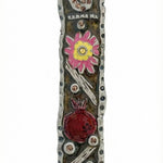 Hand-painted pewter mezuzah with vintage floral motifs, detailed Hebrew script, and decorative reliefs for a stylish Jewish home decor.