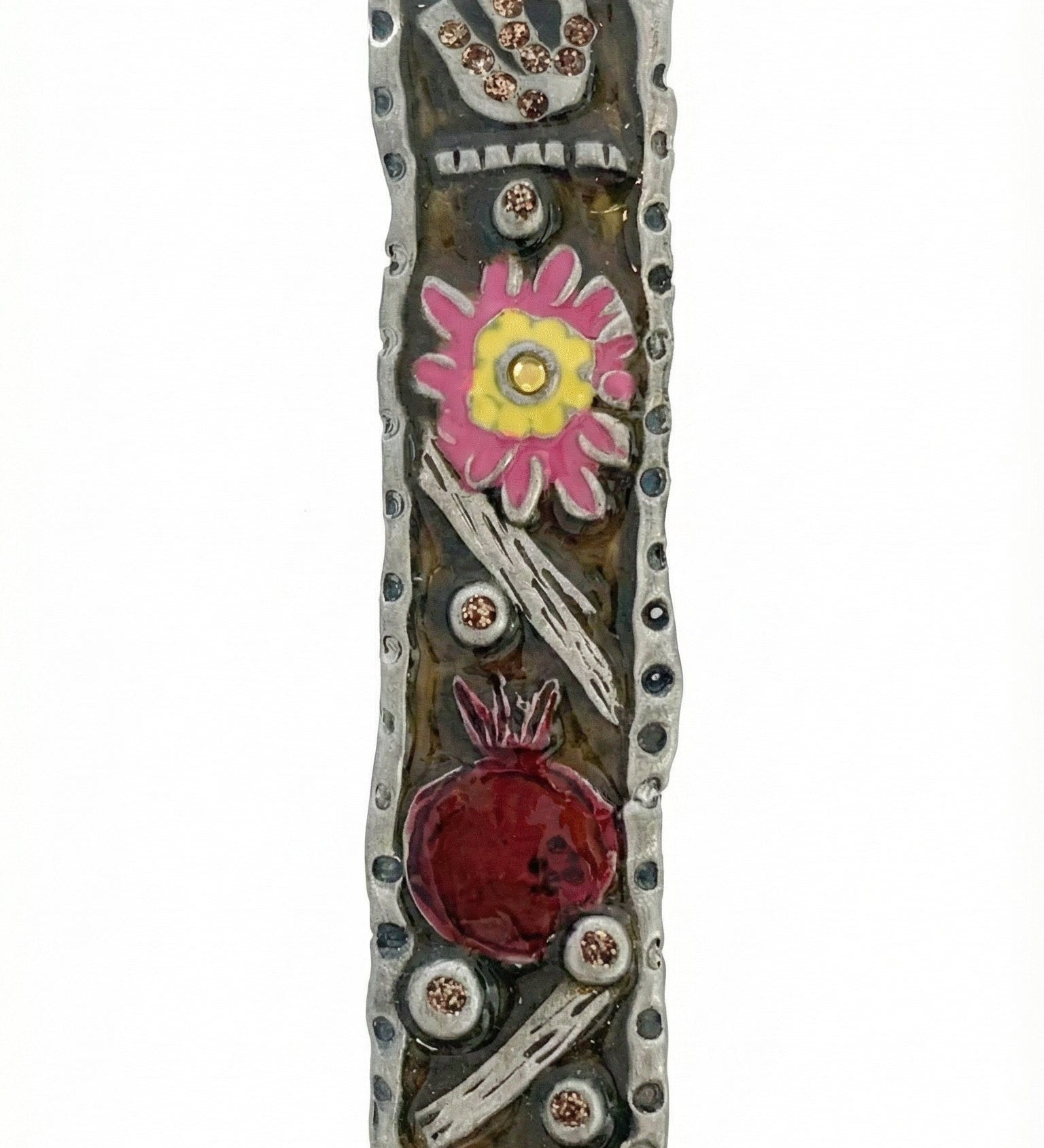 Hand-painted pewter mezuzah with vintage floral motifs, detailed Hebrew script, and decorative reliefs for a stylish Jewish home decor.