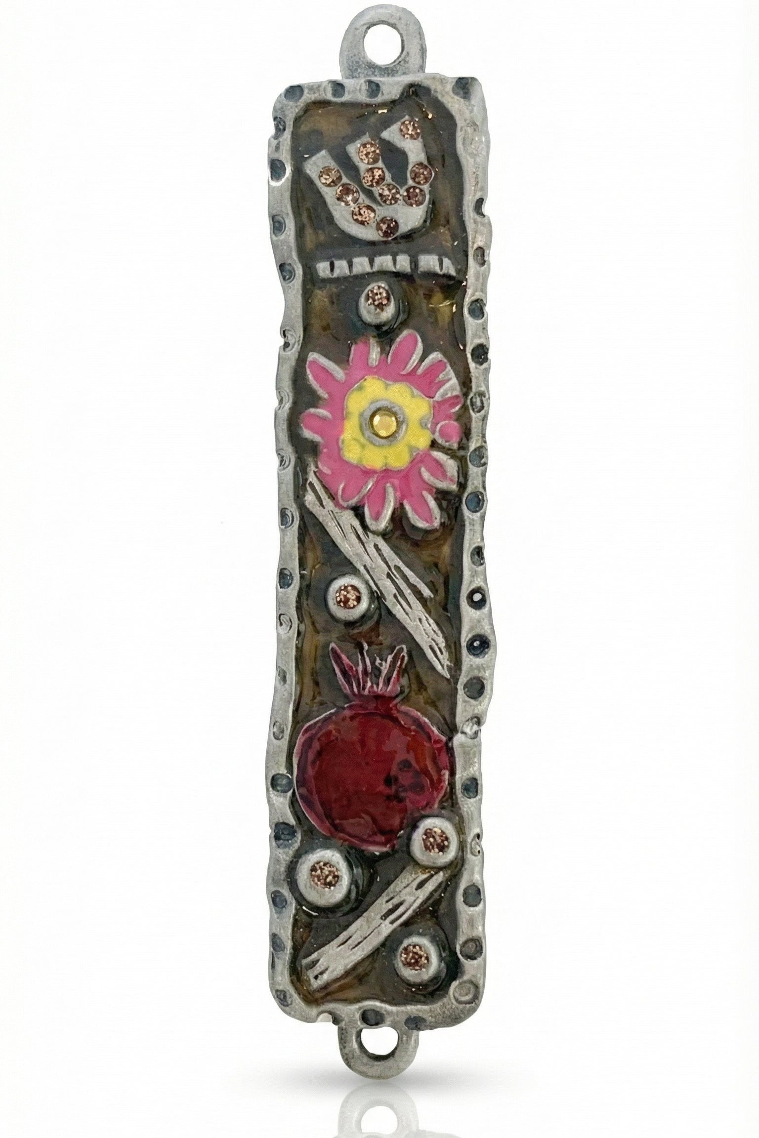 Hand-painted pewter mezuzah with vintage floral motifs, detailed Hebrew script, and decorative reliefs for a stylish Jewish home decor.