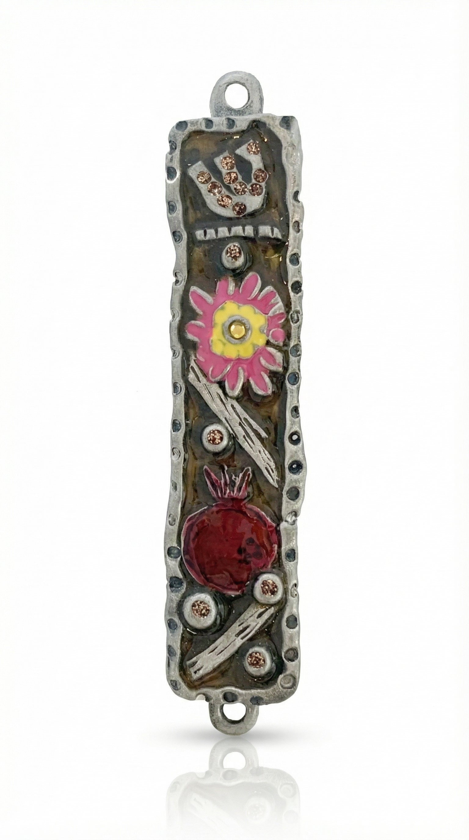 Hand-painted pewter mezuzah with vintage floral motifs, detailed Hebrew script, and decorative reliefs for a stylish Jewish home decor.