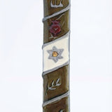 Hand-painted pewter vintage mezuzah with Hebrew inscriptions, designed for home doorposts, includes detailed surface and decorative motifs.