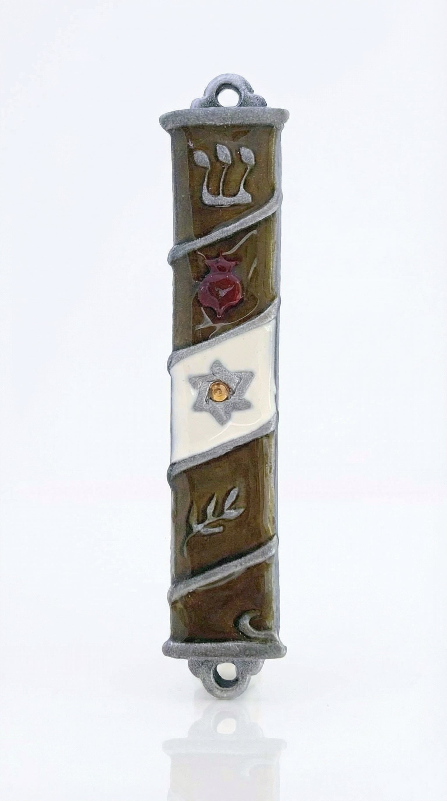Hand-painted pewter vintage mezuzah with Hebrew inscriptions, designed for home doorposts, includes detailed surface and decorative motifs.