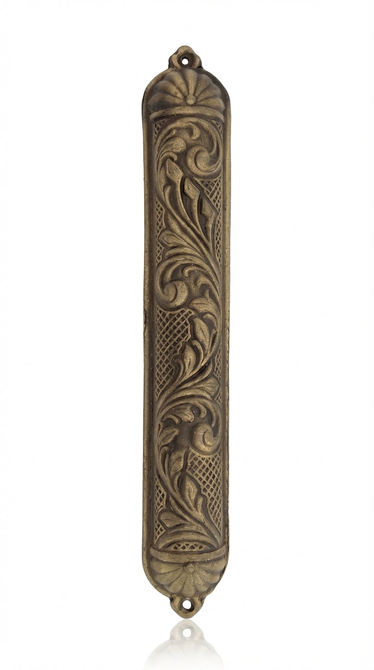 Elegant brass Moroccan mezuzah with intricate details, designed for wall mounting with nails or screws, measures 5.3/8 inches tall.