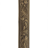Elegant brass Moroccan mezuzah with intricate details, designed for wall mounting with nails or screws, measures 5.3/8 inches tall.