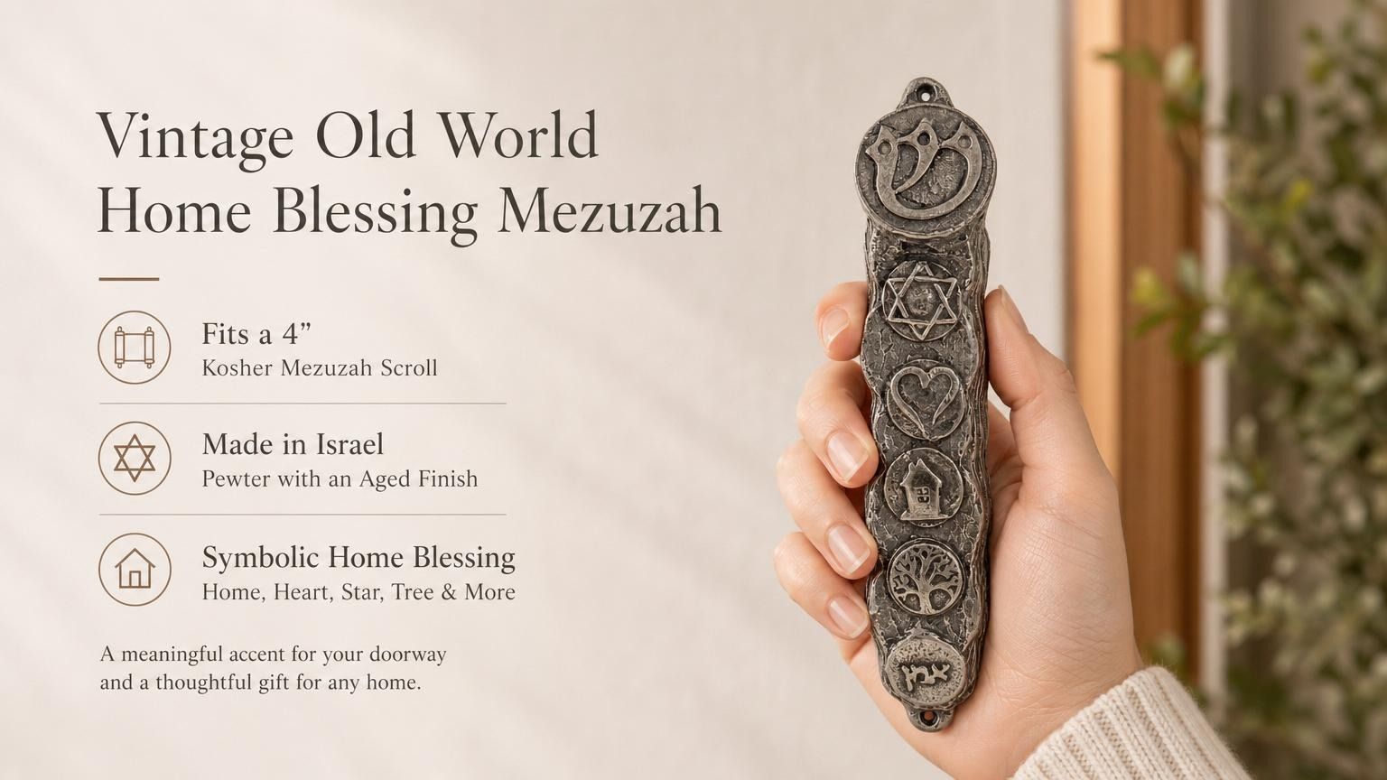 Hand holding vintage pewter mezuzah case with antique texture and symbolic medallions, showcasing old world charm and character.