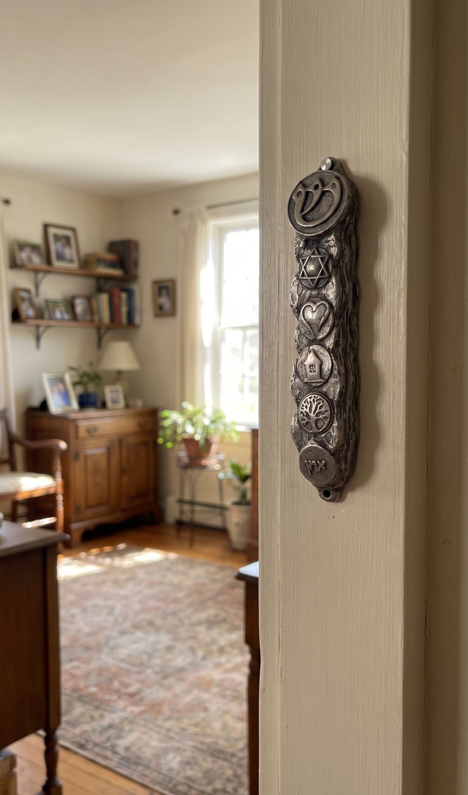 Vintage pewter mezuzah with aged silver finish and antique texture on a doorway inside a traditional home, showcasing classic Judaica style.
