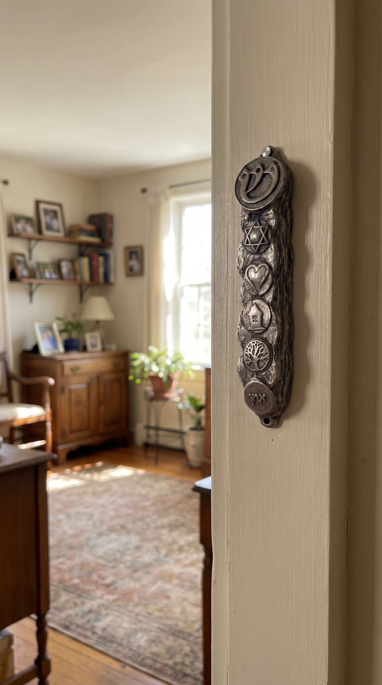 Vintage pewter mezuzah with aged silver finish and antique texture on a doorway inside a traditional home, showcasing classic Judaica style.