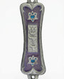 Elegant pewter mezuzah with violet pearlescent face, framed Hebrew letter Shin, Star of David symbols