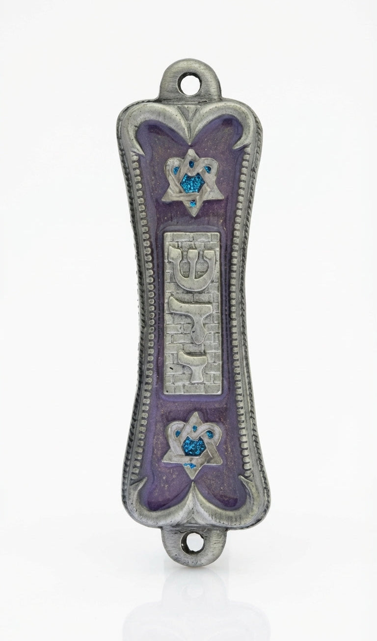 Elegant pewter mezuzah with violet pearlescent face, framed Hebrew letter Shin, Star of David symbols, on a white studio background with soft reflection.