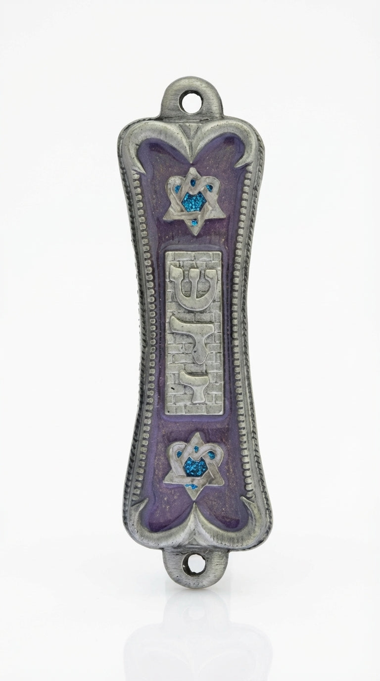 Elegant pewter mezuzah with violet pearlescent face, framed Hebrew letter Shin, Star of David symbols, on a white studio background with soft reflection.