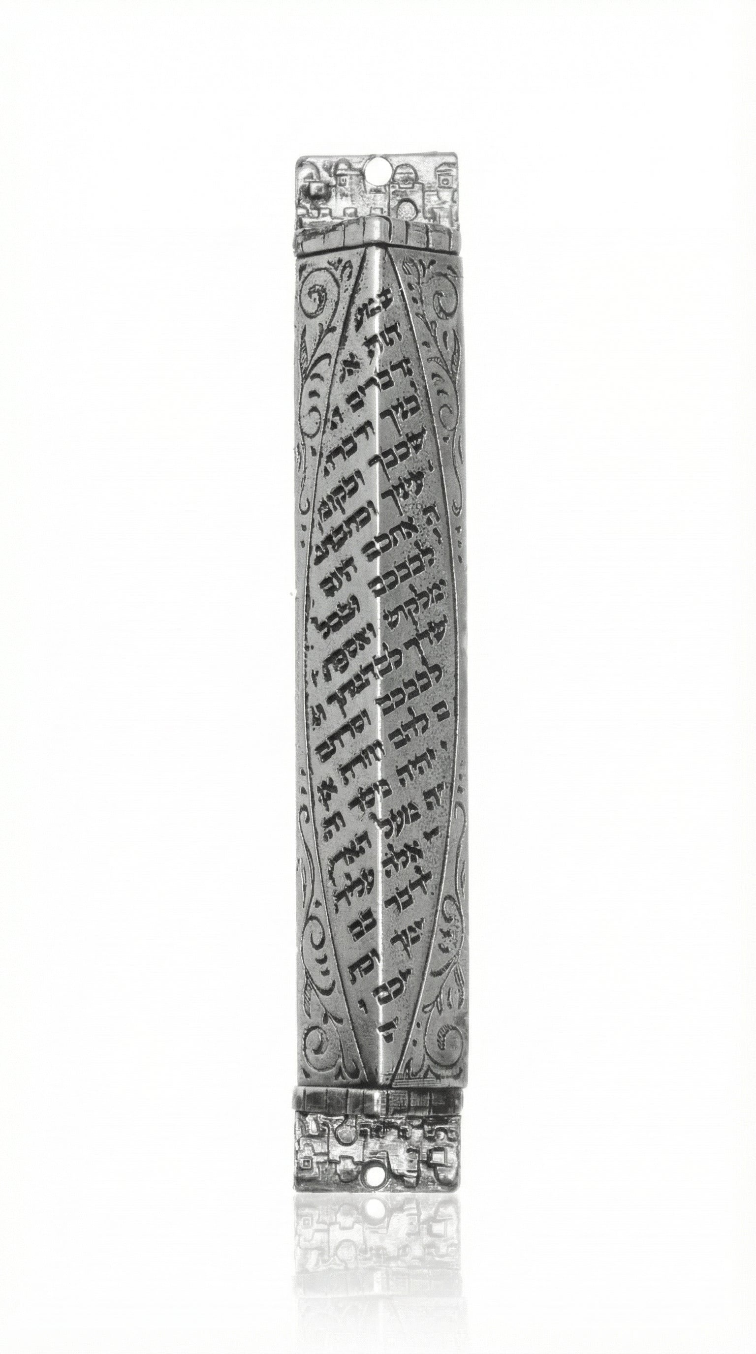 classic 6-inch Mezuzah displaying engraved Hebrew text and intricate decorative motifs