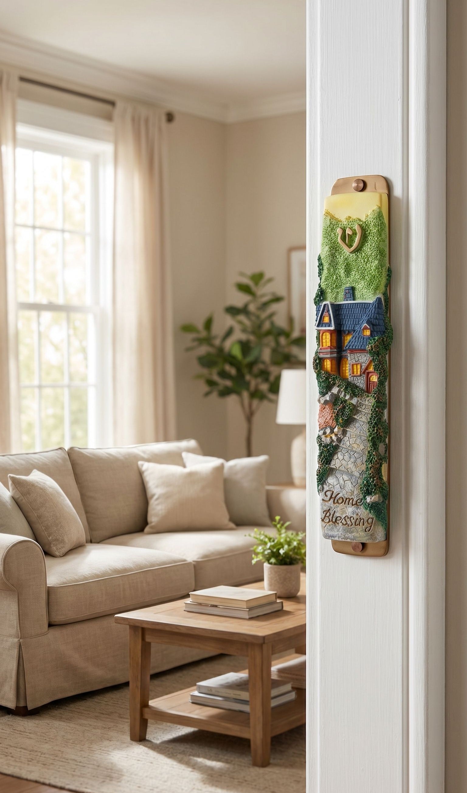 Realistic lifestyle scene featuring the Warm Welcome Home Mezuzah on a narrow interior doorway, highlighting its charming house design and warm décor.