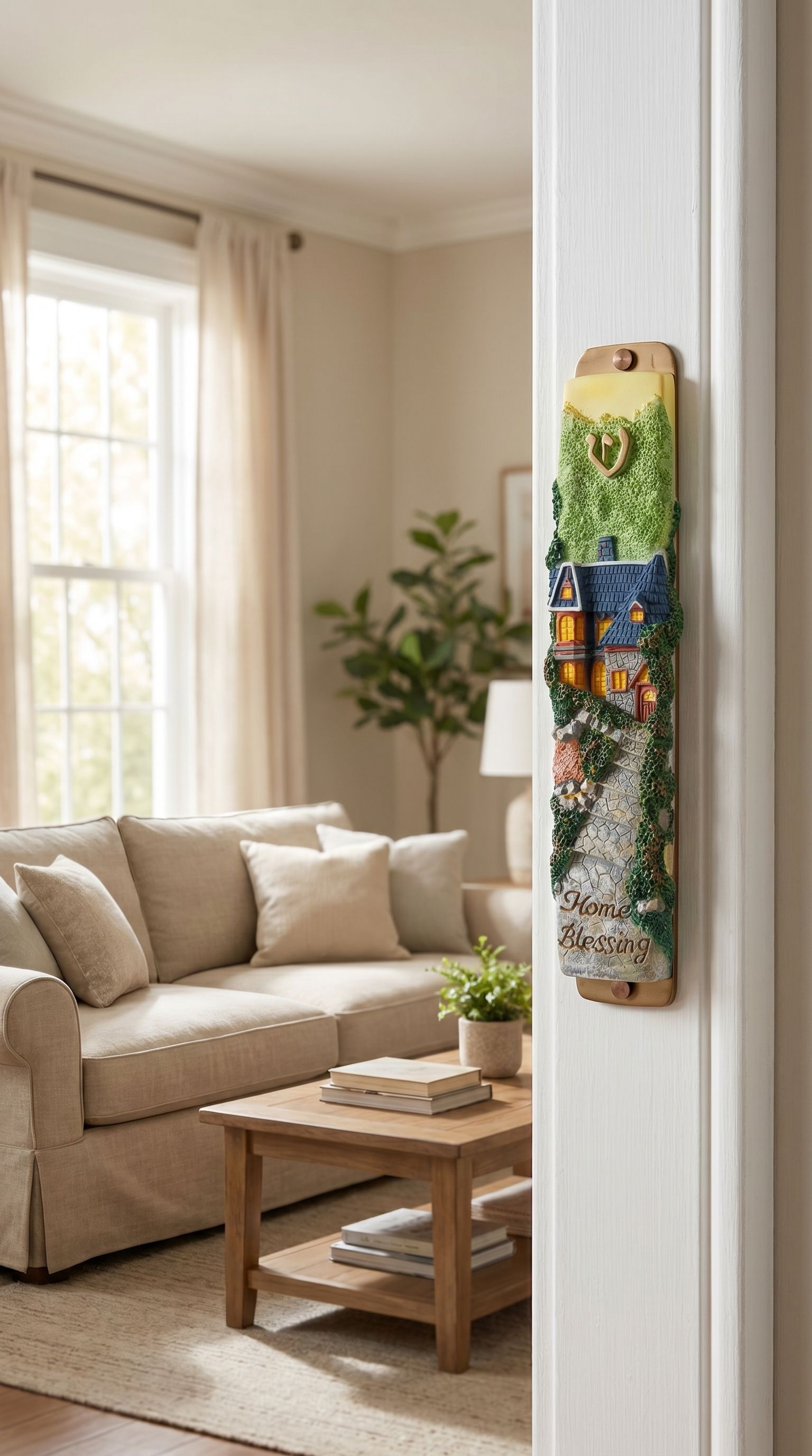 Realistic lifestyle scene featuring the Warm Welcome Home Mezuzah on a narrow interior doorway, highlighting its charming house design and warm décor.