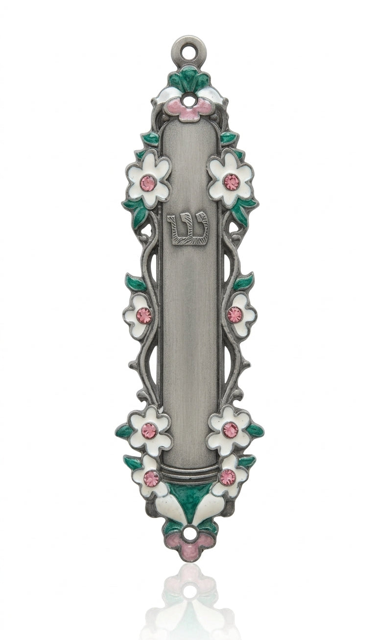 Water Lilies design mezuzah crafted from pewter, hand painted with enamel, suitable for doorposts, with detailed Hebrew script and motifs.