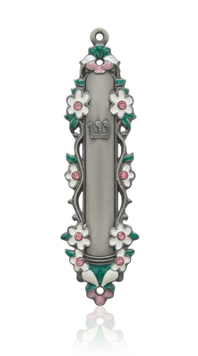 Water Lilies design mezuzah crafted from pewter, hand painted with enamel, suitable for doorposts, with detailed Hebrew script and motifs.