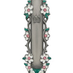 Water Lilies design mezuzah crafted from pewter, hand painted with enamel, suitable for doorposts, with detailed Hebrew script and motifs.